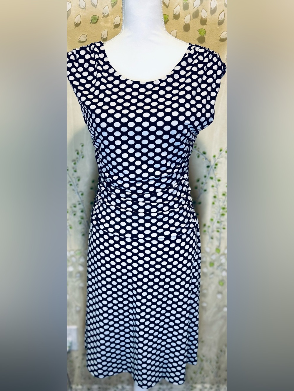 Enfocus Petite Dress 12P Black White Polka Dot Ruched Side Cap Sleeve Stretch